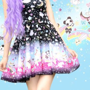 Y2K Black Skater Dress with Celestial Print