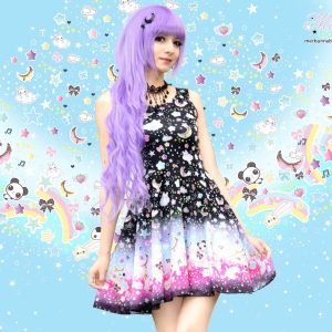 Y2K Black Skater Dress with Celestial Print