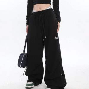 Y2K Black/Gray Baggy Wide Leg Drawstring Sweatpants