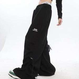 Y2K Black/Gray Baggy Wide Leg Drawstring Sweatpants