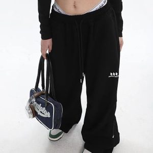 Y2K Black/Gray Baggy Wide Leg Drawstring Sweatpants