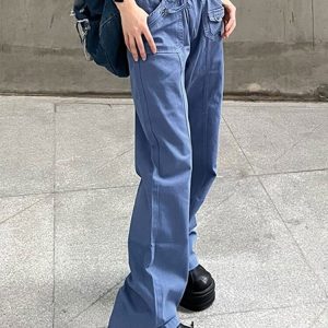 Y2K Blue Jeans Streetwear - Low Rise Denim Pants