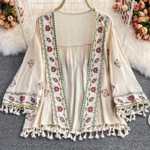 Y2K Bohemian Embroidered Tassel Chiffon Cardigan