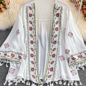 Y2K Bohemian Embroidered Tassel Chiffon Cardigan