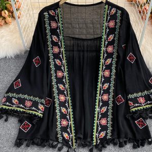 Y2K Bohemian Embroidered Tassel Chiffon Cardigan