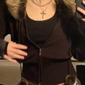 Y2K Brown Fur Knitted Double Zip Jacket