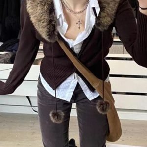 Y2K Brown Fur Knitted Double Zip Jacket