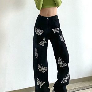 Y2K Butterfly Print Black Women Jeans