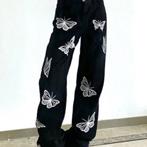 Y2K Butterfly Print Black Women Jeans