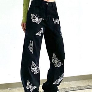 Y2K Butterfly Print Black Women Jeans