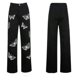 Y2K Butterfly Print Black Women Jeans