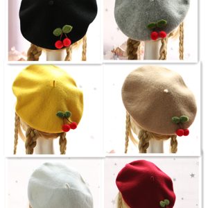 Y2K Cherry Wool Hat - Retro Handmade Beret Cap