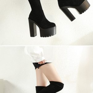 Y2K Chunky Velvet Thigh High Heel Boots - Gothic Punk Cosplay Emo Style
