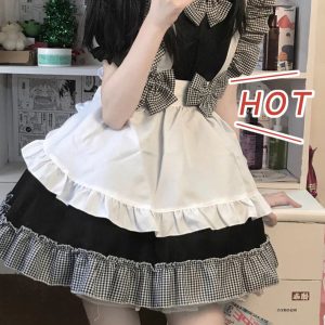 Y2K Clothing - Black and White Plaid Maid Dress