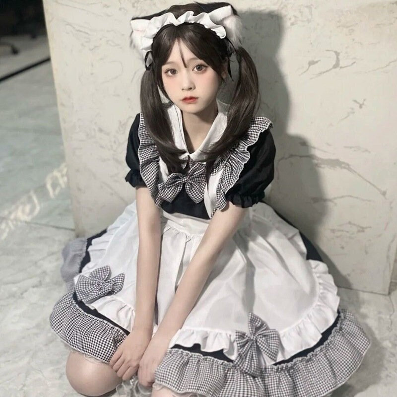 Y2K Clothing - Black and White Plaid Maid Dress