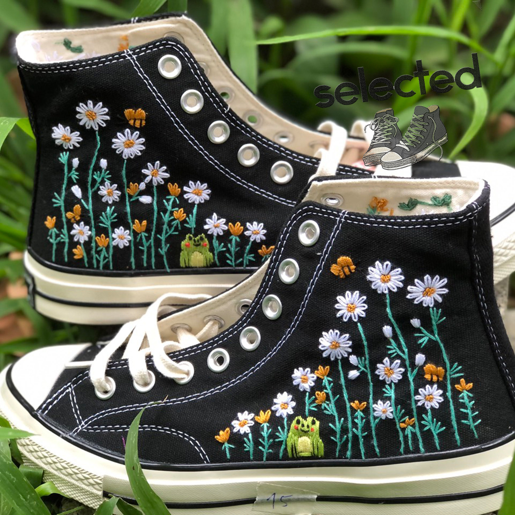 Y2K Clothing: Custom Small Flower Embroidered Converse High Tops