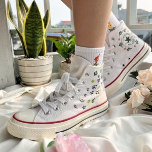 Y2K Clothing: Embroidered Leaves High Top Converse
