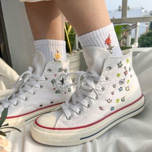 Y2K Clothing: Embroidered Leaves High Top Converse