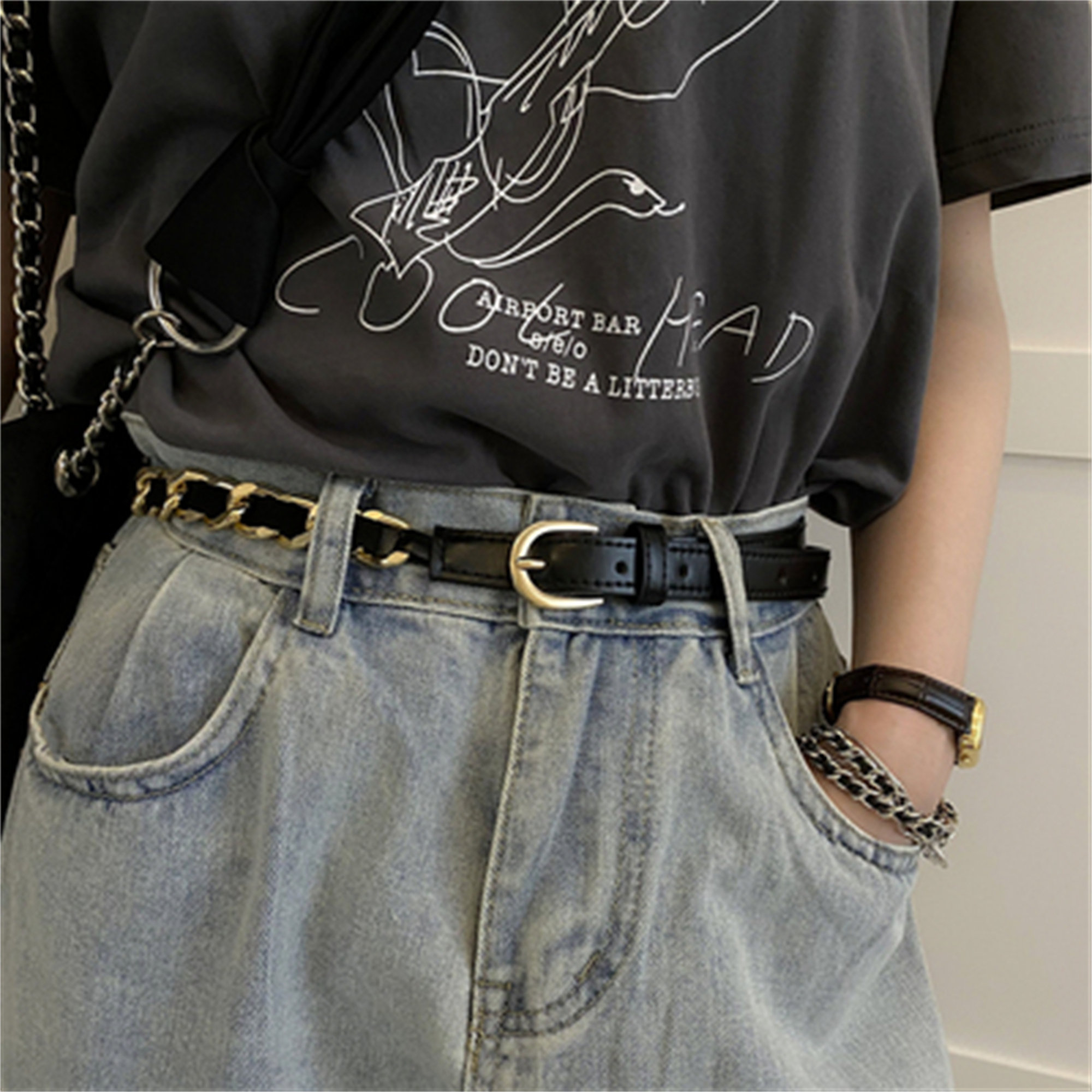 Y2K Cool Chain Belt - 1.8cm Width | Black Leather with Gold Buckle