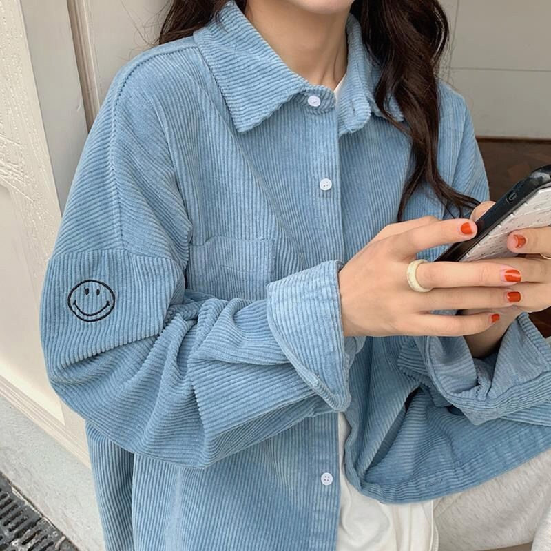 Y2K Corduroy Shirt with Embroidered Smile - Casual Long Sleeve Korean Style Top
