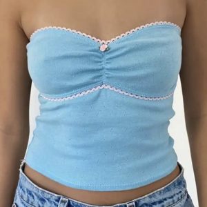 Y2K Cotton Bandeau Top with Coquette Rose Ribbon