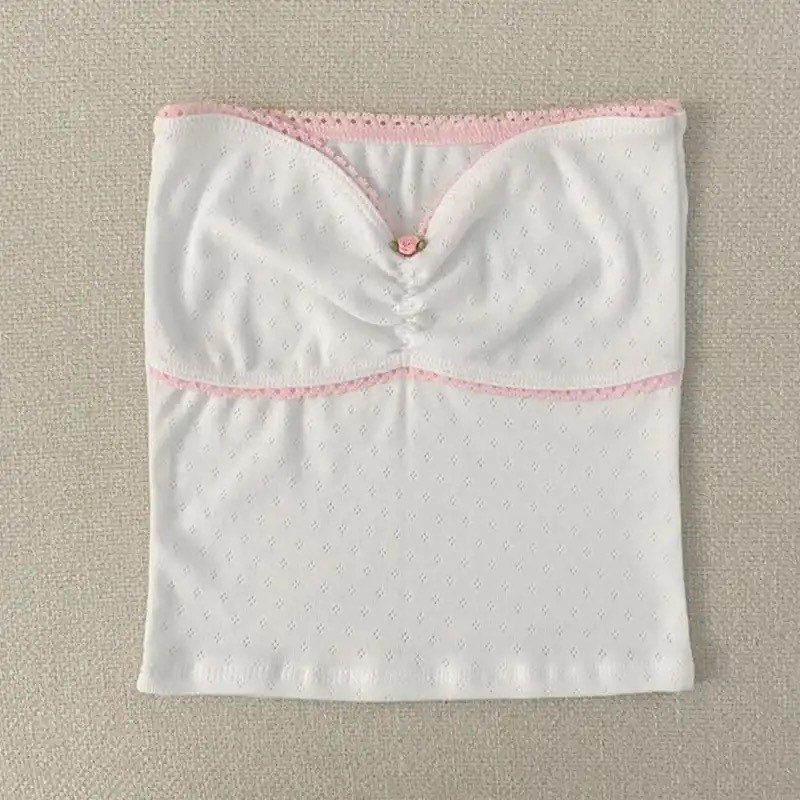 Y2K Cotton Bandeau Top with Coquette Rose Ribbon