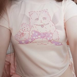 Y2K Cream Ribbed Kitten Coquette Baby Tee