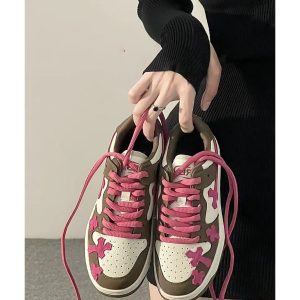 Y2K Cross Sneakers - Pinkish Brown Platform Shoes