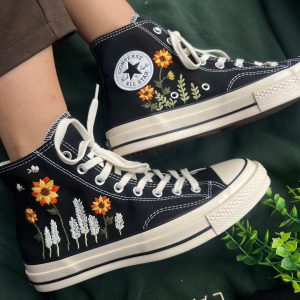 Y2K Custom Embroidered Converse High Tops - Garden of Reeds and Sunflowers