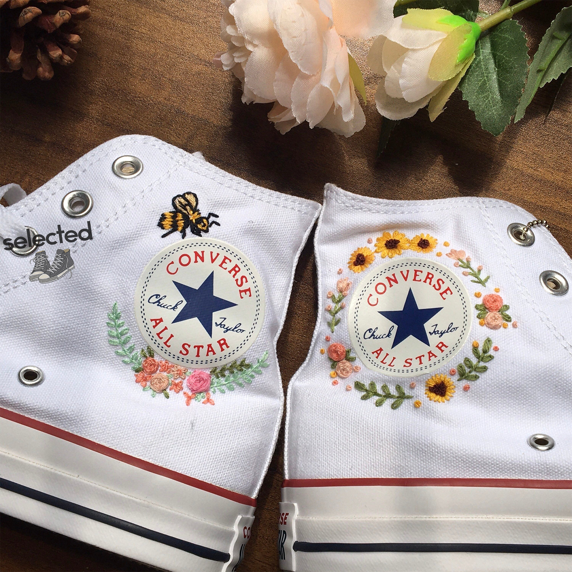 Y2K Custom Embroidered Converse Shoes with Bees and Flowers