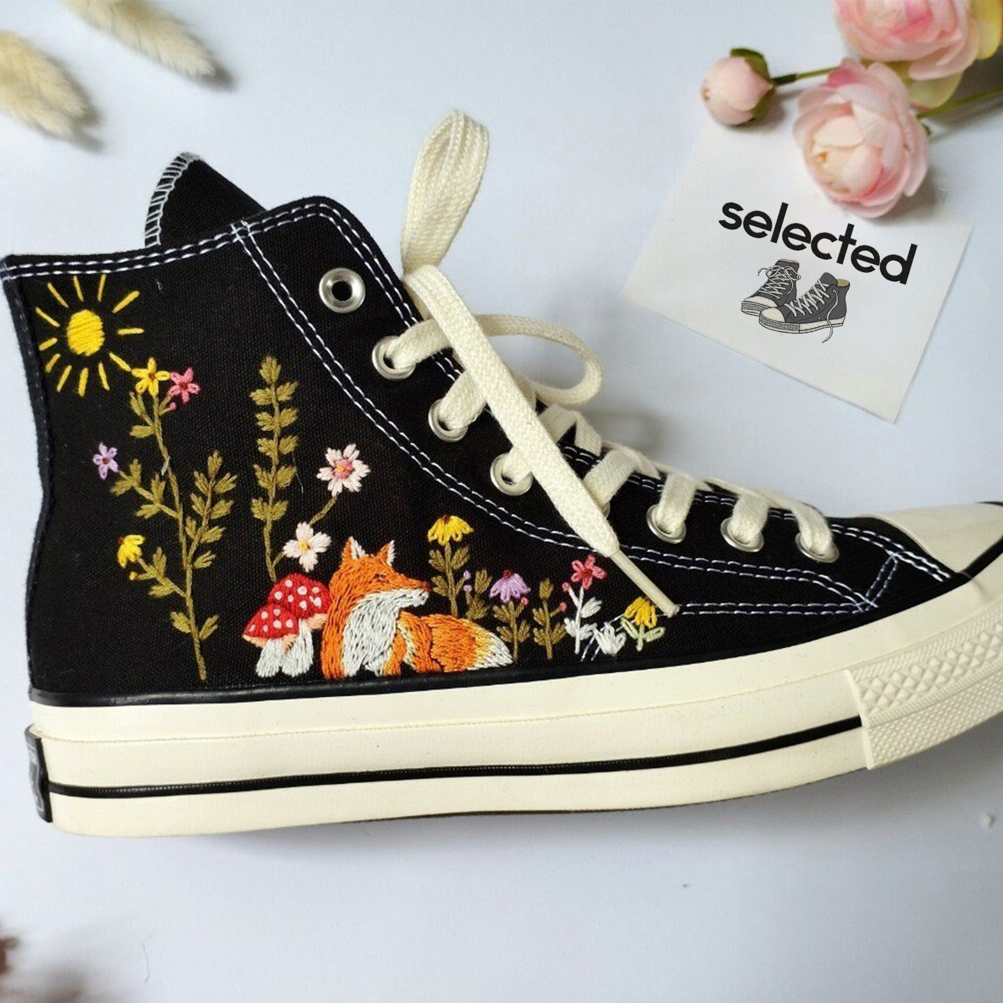 Y2K Custom Mushroom and Fox Embroidered Converse Chuck Taylor 1970s Shoes