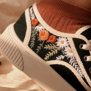 Y2K Custom Sneakers with Embroidered Roses and Daisy Flowers