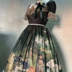 Y2K Dark Green Victorian Doll Dress with Lace