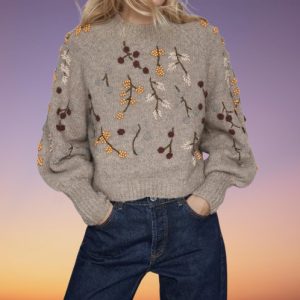 Y2K Embroidered Floral Sweater with Beaded High Neck