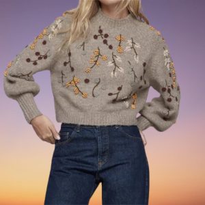 Y2K Embroidered Floral Sweater with Beaded High Neck