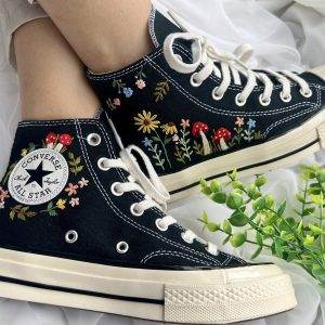 Y2K Embroidered Red Mushroom and Flower Converse High Tops