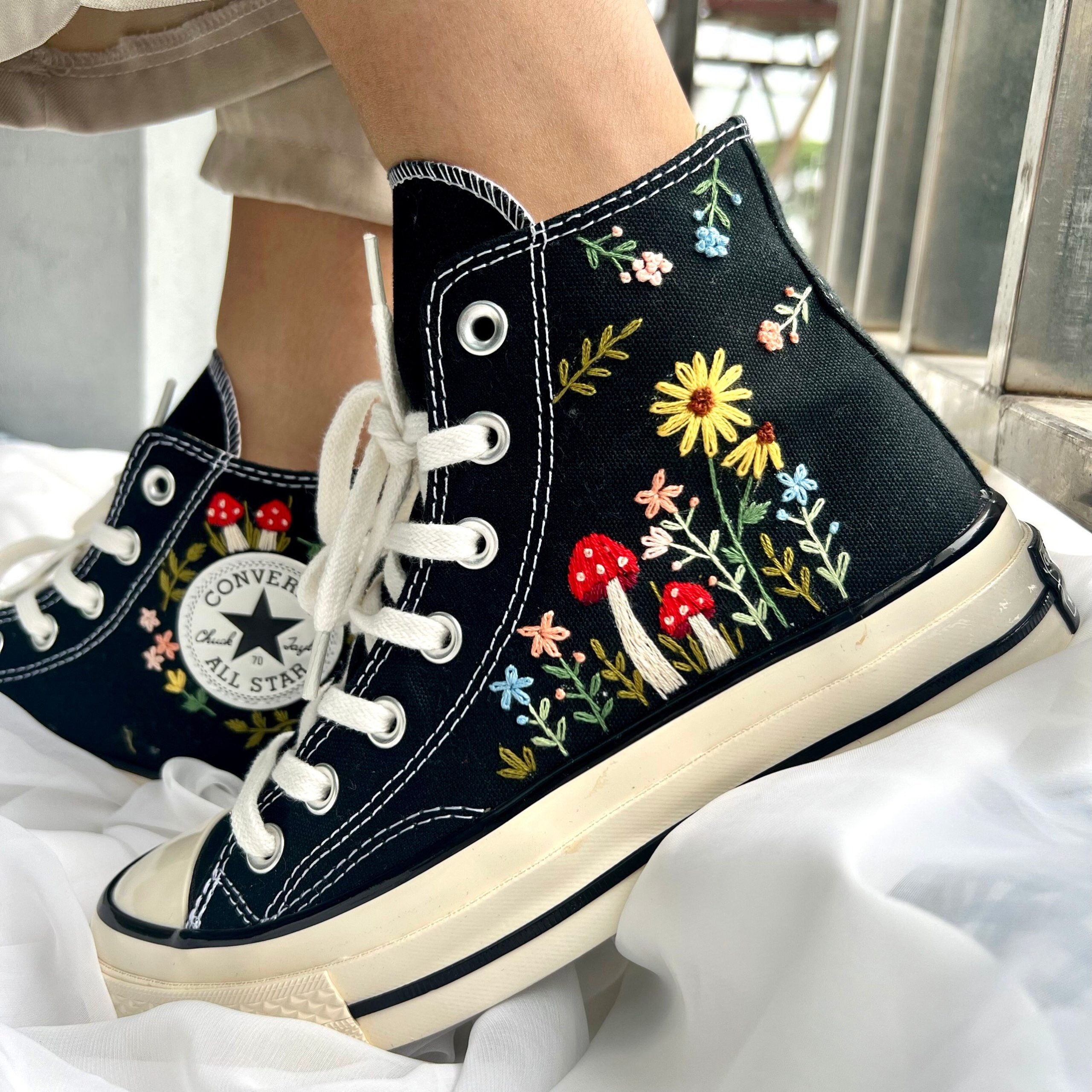 Y2K Embroidered Red Mushroom and Flower Converse High Tops