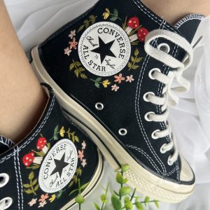 Y2K Embroidered Red Mushroom and Flower Converse High Tops