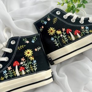 Y2K Embroidered Red Mushroom and Flower Converse High Tops