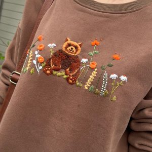 Y2K Embroidered Sweater with Bear and Flower Garden Design