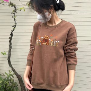 Y2K Embroidered Sweater with Bear and Flower Garden Design