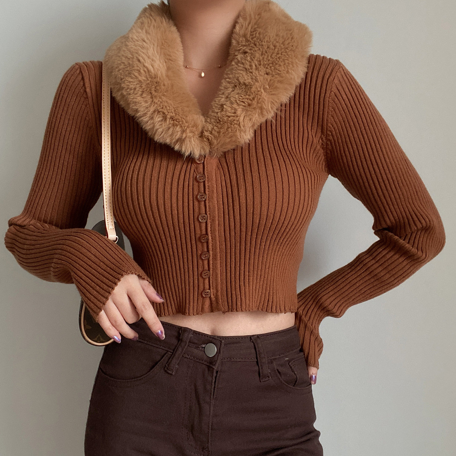 Y2K Faux Fur Collar Ribbed Knitted Cardigan