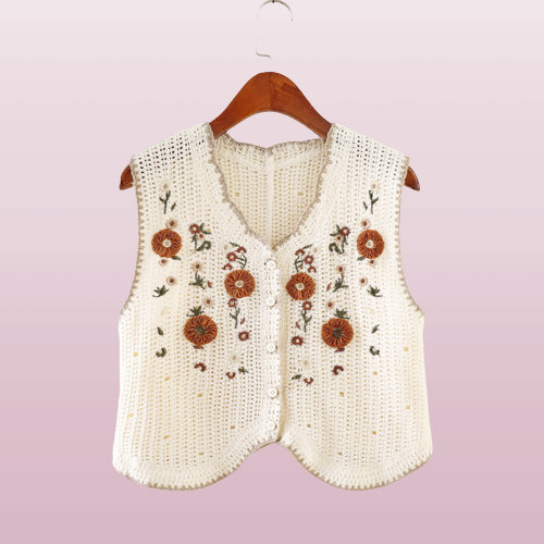 Y2K Flower Knit Vest - Handmade Crochet Sweater