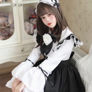 Y2K French Maid Dress with Gothic Lace