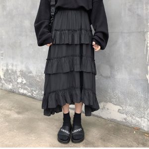 Y2K Gothic Lolita High Waisted Ruched Maxi Skirt