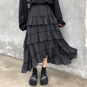 Y2K Gothic Lolita High Waisted Ruched Maxi Skirt