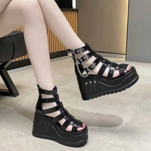 Y2K Gothic Punk Chunky Black Platform Sandals