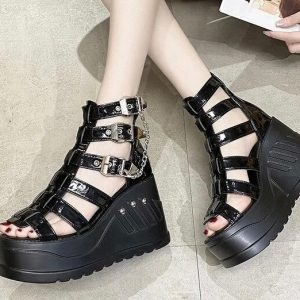 Y2K Gothic Punk Chunky Black Platform Sandals