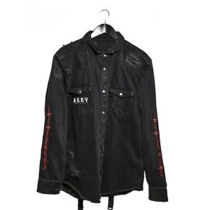 Y2K Gothic Skullhead Denim Jacket. Embroidered Ripped Streetwear