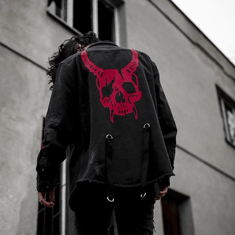 Y2K Gothic Skullhead Denim Jacket. Embroidered Ripped Streetwear